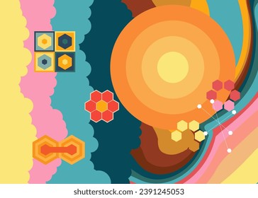 Retro 70s background with minimalistic vintage groovy abstract 1970s art. Old-fashioned rainbow color artwork.