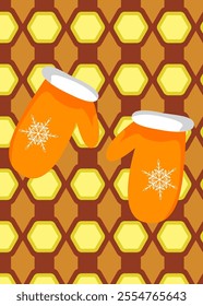 Retro 70s Background with Mitten Glove. Groovy Holiday 1970s art template. Minimalistic Vintage design poster. Old-fashioned color artwork.