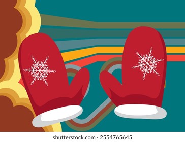 Retro 70s Background with Mitten Glove. Groovy Holiday 1970s art template. Minimalistic Vintage design poster. Old-fashioned color artwork.