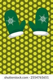 Retro 70s Background with Mitten Glove. Groovy Holiday 1970s art template. Minimalistic Vintage design poster. Old-fashioned color artwork.