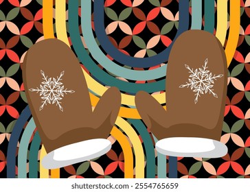 Retro 70s Background with Mitten Glove. Groovy Holiday 1970s art template. Minimalistic Vintage design poster. Old-fashioned color artwork.