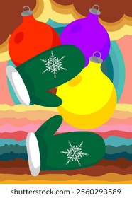 Retro 70s Background with Mitten Glove and Christmas decoration ball Groovy Christmas 1970s art template. Minimalistic Vintage design poster. Old-fashioned color artwork.