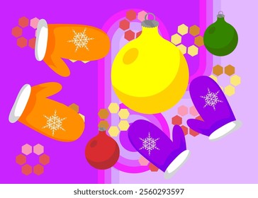 Retro 70s Background with Mitten Glove and Christmas decoration ball Groovy Christmas 1970s art template. Minimalistic Vintage design poster. Old-fashioned color artwork.