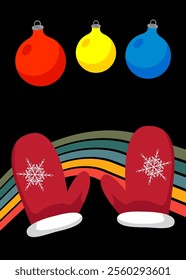 Retro 70s Background with Mitten Glove and Christmas decoration ball Groovy Christmas 1970s art template. Minimalistic Vintage design poster. Old-fashioned color artwork.