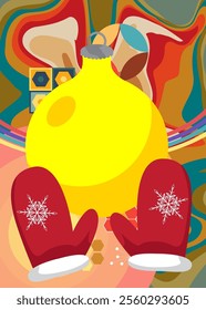 Retro 70s Background with Mitten Glove and Christmas decoration ball Groovy Christmas 1970s art template. Minimalistic Vintage design poster. Old-fashioned color artwork.