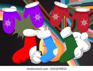 Retro 70s Background with Mitten Glove and Christmas stocking. Groovy Holiday 1970s art template. Minimalistic Vintage design poster. Old-fashioned color artwork.