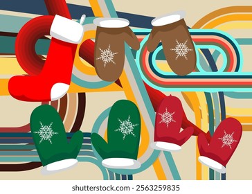 Retro 70s Background with Mitten Glove and Christmas stocking. Groovy Holiday 1970s art template. Minimalistic Vintage design poster. Old-fashioned color artwork.