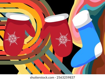 Retro 70s Background with Mitten Glove and Christmas stocking. Groovy Holiday 1970s art template. Minimalistic Vintage design poster. Old-fashioned color artwork.