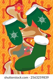 Retro 70s Background with Mitten Glove and Christmas stocking. Groovy Holiday 1970s art template. Minimalistic Vintage design poster. Old-fashioned color artwork.