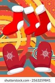 Retro 70s Background with Mitten Glove and Christmas stocking. Groovy Holiday 1970s art template. Minimalistic Vintage design poster. Old-fashioned color artwork.