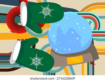 Fondo retro de los años 70 con guante de manopla y globo de nieve. Groovy Festiva. Plantilla artística de los años 70. Afiche de diseño minimalista de Antiguas. Obra de arte a color anticuada.