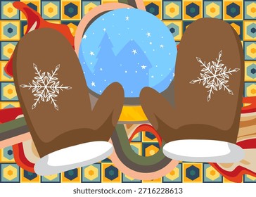 Fondo retro de los años 70 con guante de manopla y globo de nieve. Groovy Festiva. Plantilla artística de los años 70. Afiche de diseño minimalista de Antiguas. Obra de arte a color anticuada.