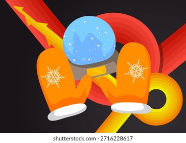 Fondo retro de los años 70 con guante de manopla y globo de nieve. Groovy Festiva. Plantilla artística de los años 70. Afiche de diseño minimalista de Antiguas. Obra de arte a color anticuada.