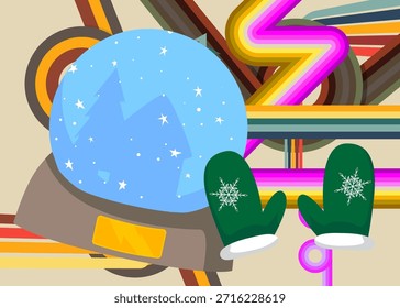 Fondo retro de los años 70 con guante de manopla y globo de nieve. Groovy Festiva. Plantilla artística de los años 70. Afiche de diseño minimalista de Antiguas. Obra de arte a color anticuada.