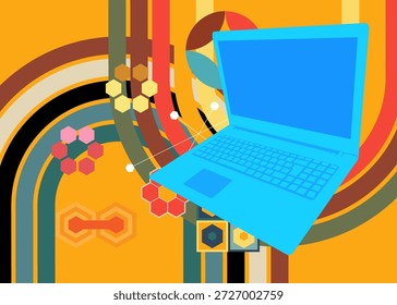 Retro 70s Background with notebook. Groovy laptop 1970s art template. Minimalistic Vintage design poster. Old-fashioned color artwork.