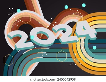 Retro 70s Background with the number 2024. Groovy holiday 1970s art template. Minimalistic Vintage design poster. Old-fashioned color artwork.