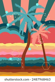 Retro 70s Background with Palm Tree. Groovy Exotic 1970s art template. Minimalistic Vintage design poster. Old-fashioned color artwork.