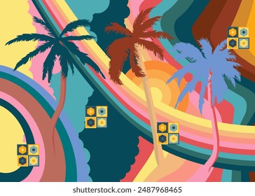 Retro 70s Background with Palm Tree. Groovy Exotic 1970s art template. Minimalistic Vintage design poster. Old-fashioned color artwork.