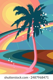 Retro 70s Background with Palm Tree. Groovy Exotic 1970s art template. Minimalistic Vintage design poster. Old-fashioned color artwork.