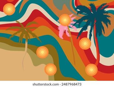 Fondo retro de los años 70 con palmera. Plantilla de arte exótica de los años 70. Póster de diseño minimalista de Antiguas. Obra de arte en color a la antigua.