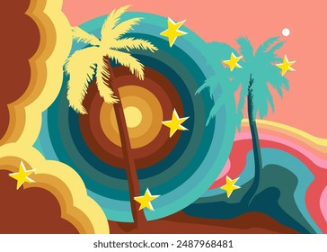 Retro 70s Background with Palm Tree. Groovy Exotic 1970s art template. Minimalistic Vintage design poster. Old-fashioned color artwork.