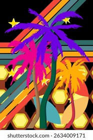 Retro 70s Background with Palm Tree. Groovy Tropical 1970s art template. Minimalistic Vintage design poster. Old-fashioned color artwork.