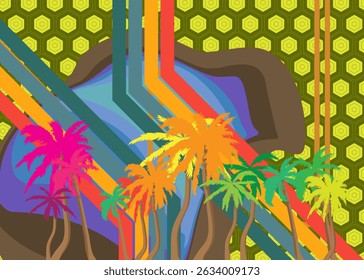 Retro 70s Background with Palm Tree. Groovy Tropical 1970s art template. Minimalistic Vintage design poster. Old-fashioned color artwork.