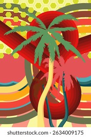 Retro 70s Background with Palm Tree. Groovy Tropical 1970s art template. Minimalistic Vintage design poster. Old-fashioned color artwork.
