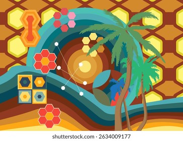 Arrière-plan rétro années 70 avec palmier. Template d'art Groovy Tropical des années 1970. Affiche de design minimaliste Vintage. Oeuvres d'art en couleurs démodées.