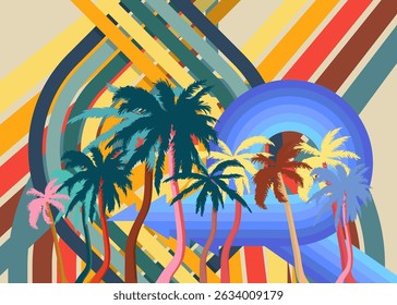 Retro 70s Background with Palm Tree. Groovy Tropical 1970s art template. Minimalistic Vintage design poster. Old-fashioned color artwork.