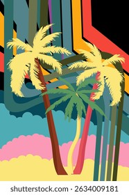Retro 70s Background with Palm Tree. Groovy Tropical 1970s art template. Minimalistic Vintage design poster. Old-fashioned color artwork.