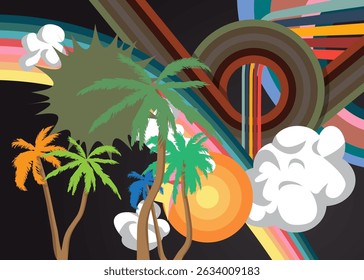 Retro 70s Background with Palm Tree. Groovy Tropical 1970s art template. Minimalistic Vintage design poster. Old-fashioned color artwork.