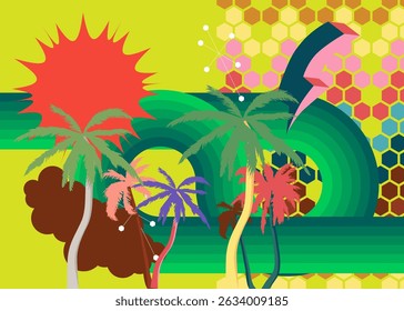 Retro 70s Background with Palm Tree. Groovy Tropical 1970s art template. Minimalistic Vintage design poster. Old-fashioned color artwork.