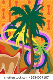 Retro 70s Background with Palm Tree. Groovy Tropical 1970s art template. Minimalistic Vintage design poster. Old-fashioned color artwork.