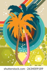Retro 70s Background with Palm Tree. Groovy Tropical 1970s art template. Minimalistic Vintage design poster. Old-fashioned color artwork.