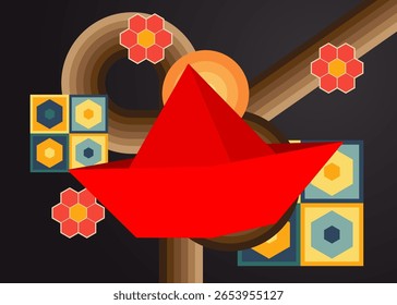 Retro 70s Fundo com navio de papel. Groovy Origami. Modelo de arte dos anos 70. Cartaz de design minimalista Vintage. Arte colorida antiquada.