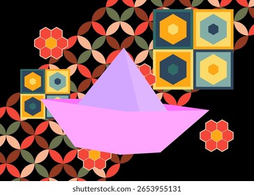 Retro 70s Fundo com navio de papel. Groovy Origami. Modelo de arte dos anos 70. Cartaz de design minimalista Vintage. Arte colorida antiquada.