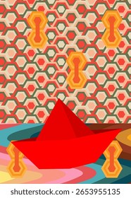 Retro 70s Fundo com navio de papel. Groovy Origami. Modelo de arte dos anos 70. Cartaz de design minimalista Vintage. Arte colorida antiquada.