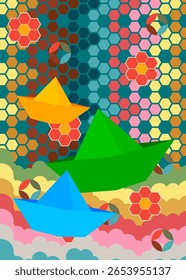 Retro 70s Fundo com navio de papel. Groovy Origami. Modelo de arte dos anos 70. Cartaz de design minimalista Vintage. Arte colorida antiquada.