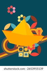 Retro 70s Fundo com navio de papel. Groovy Origami. Modelo de arte dos anos 70. Cartaz de design minimalista Vintage. Arte colorida antiquada.