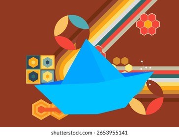 Retro 70s Fundo com navio de papel. Groovy Origami. Modelo de arte dos anos 70. Cartaz de design minimalista Vintage. Arte colorida antiquada.