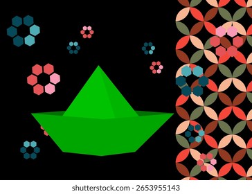 Retro 70s Fundo com navio de papel. Groovy Origami. Modelo de arte dos anos 70. Cartaz de design minimalista Vintage. Arte colorida antiquada.