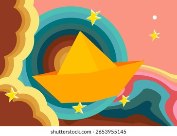 Retro 70s Fundo com navio de papel. Groovy Origami. Modelo de arte dos anos 70. Cartaz de design minimalista Vintage. Arte colorida antiquada.