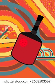 Retro 70s Background with Pickleball. Groovy Sports 1970s art template. Minimalistic Vintage design poster. Old-fashioned color artwork.
