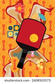 Retro 70s Background with Pickleball. Groovy Sports 1970s art template. Minimalistic Vintage design poster. Old-fashioned color artwork.