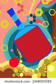 Retro 70s Background with Pickleball. Groovy Sports 1970s art template. Minimalistic Vintage design poster. Old-fashioned color artwork.