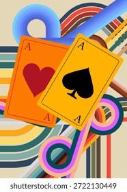Fondo retro de los años 70 con tarjeta de juego de póquer. Groovy poker 1970 Plantilla de arte. Afiche de diseño minimalista de Antiguas. Obra de arte a color anticuada.