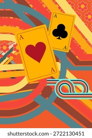 Fondo retro de los años 70 con tarjeta de juego de póquer. Groovy poker 1970 Plantilla de arte. Afiche de diseño minimalista de Antiguas. Obra de arte a color anticuada.