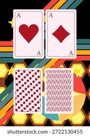 Fondo retro de los años 70 con tarjeta de juego de póquer. Groovy poker 1970 Plantilla de arte. Afiche de diseño minimalista de Antiguas. Obra de arte a color anticuada.