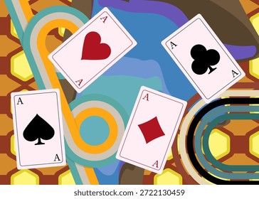 Fondo retro de los años 70 con tarjeta de juego de póquer. Groovy poker 1970 Plantilla de arte. Afiche de diseño minimalista de Antiguas. Obra de arte a color anticuada.